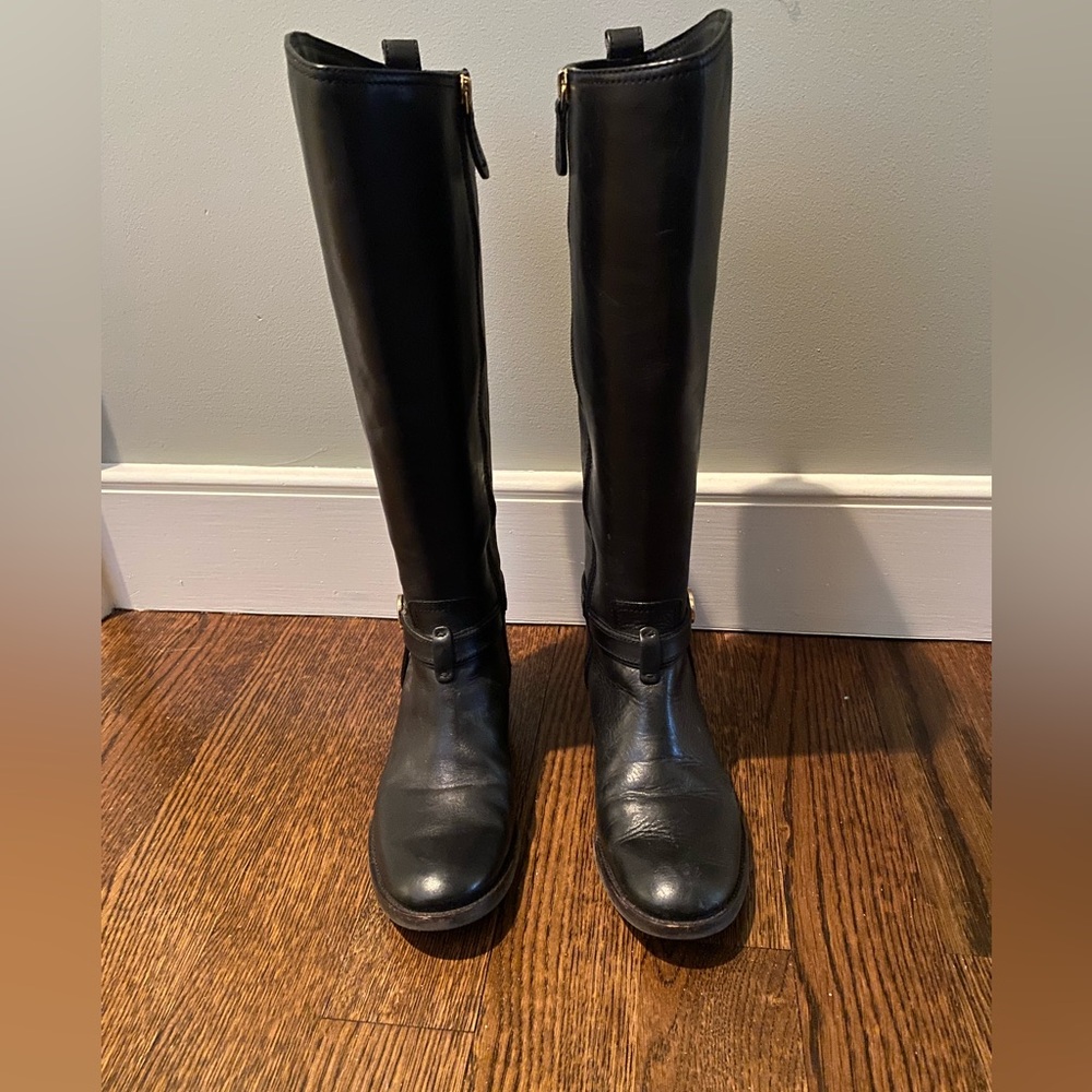 Black leather boots, knee-high, Tory Burch